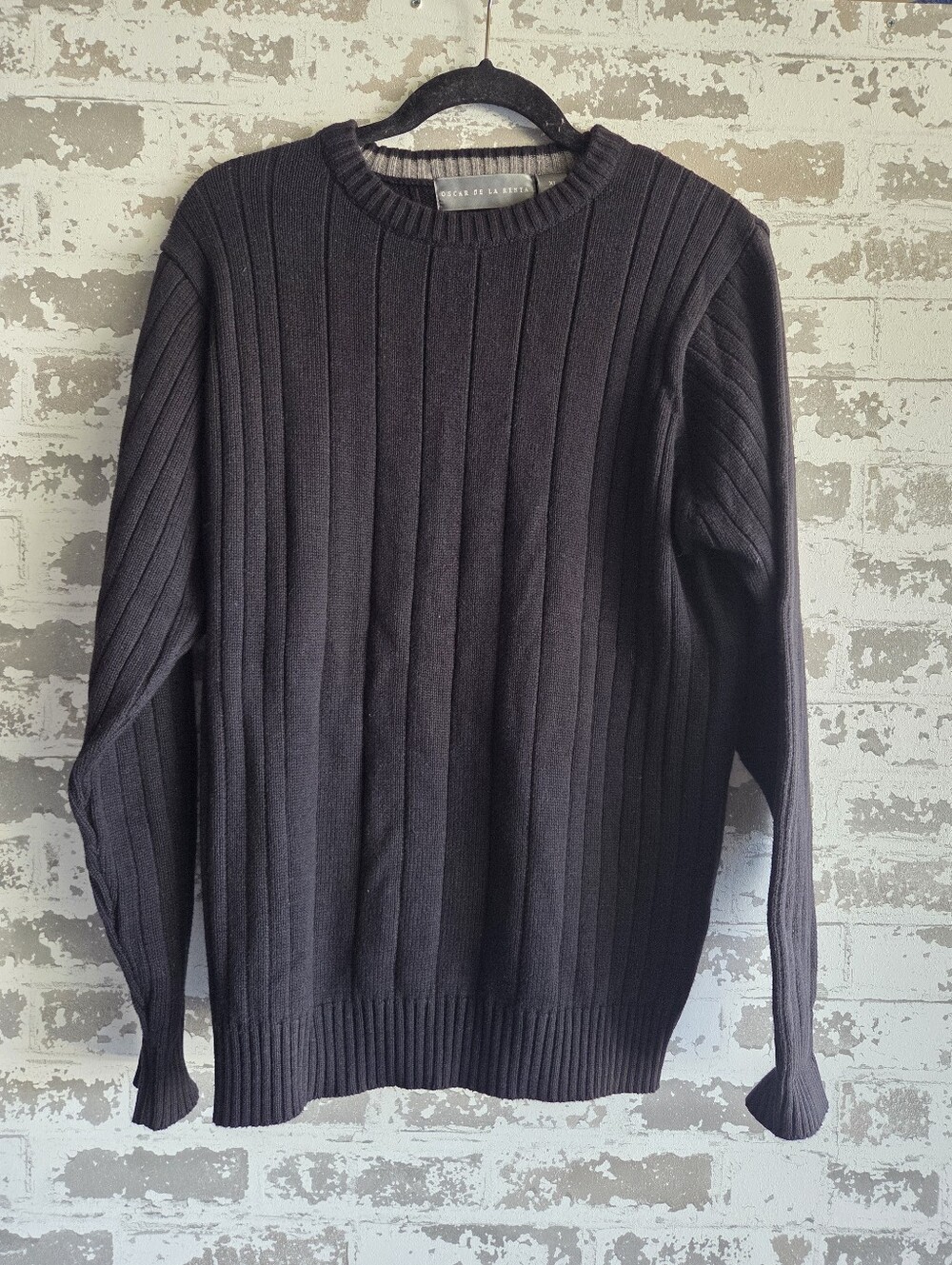 Oscar de la Renta Men's XL Ribbed Knit Cotton Sweater - Dark Brown/Charcoal